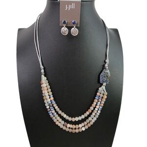 J Jill Blue Peach Gemstone Triple Strand Necklace and Drop Earring Set Bohemian